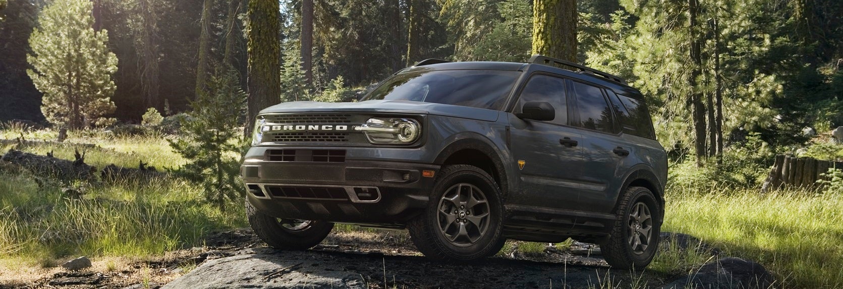 Front view of Ford Bronco parked in the woods